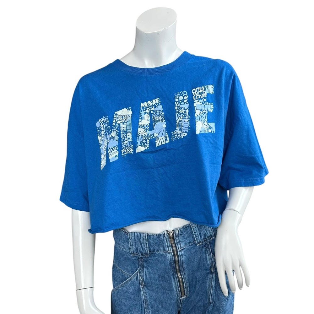 MAJE “Tike” Blue Roll Hem Short Sleeve Logo Cropped Tee Shirt Size 1 or Small